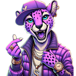 A purple Asiatic cheetah with blue eyes, symbolizing environmental awareness. Wearing a gold watch, necklace, and earrings, it strikes a finger heart pose with one hand