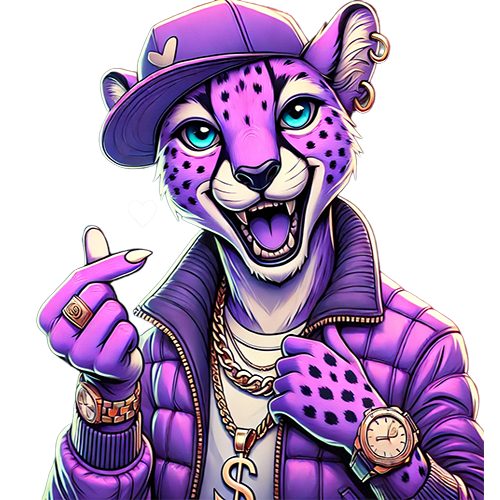 A purple Asiatic cheetah with blue eyes, symbolizing environmental awareness. Wearing a gold watch, necklace, and earrings, it strikes a finger heart pose with one hand